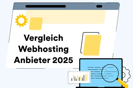 Browserfenster mit dem Text 'Vergleich Webhosting Anbieter 2025', gelber Ordner, Zahnrad, Laptop mit Diagramm und Lupe.